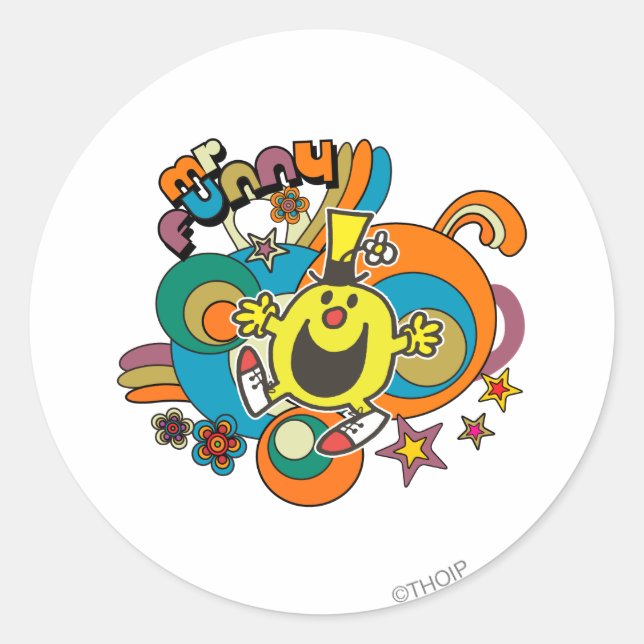 Mr. Funny | Colourful Stars & Swirls Classic Round Sticker (Front)