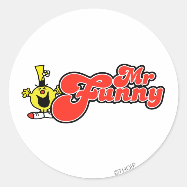 Mr. Funny | Red Lettering Classic Round Sticker (Front)