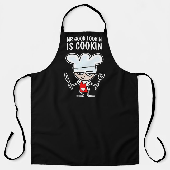 Mr good lookin is cookin funny cartoon chef BBQ Apron (Front)