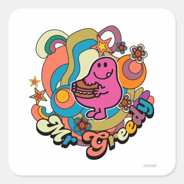 Mr. Greedy | Colourful Swirls & Stars Square Sticker (Front)