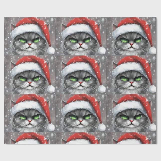 Mr. Grumpy Face (Gray) Christmas Cat Wrapping Paper (Flat)