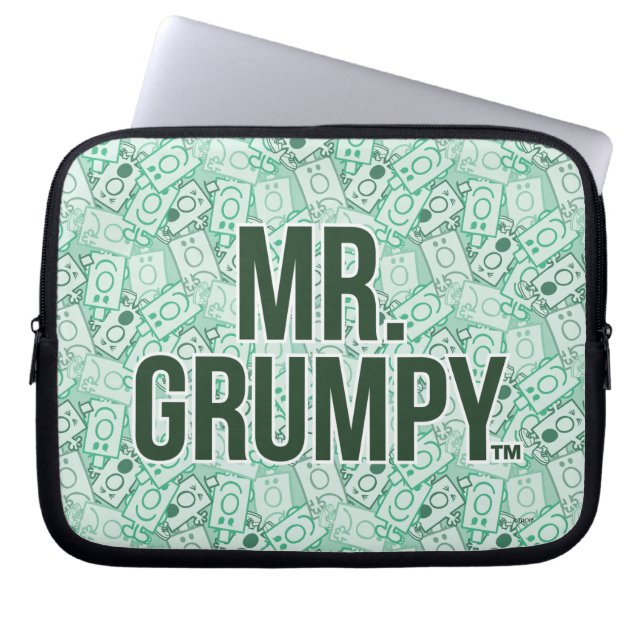 Mr Grumpy | Green Name and Character Toss Pattern Laptop Sleeve (Front)