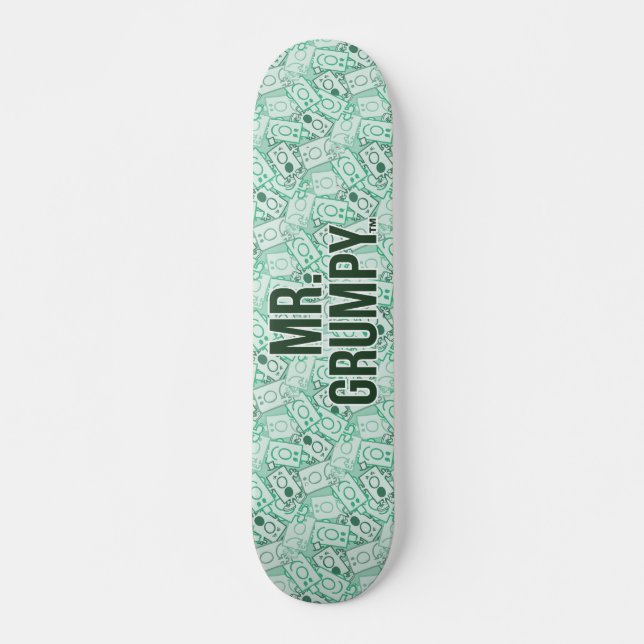 Mr Grumpy | Green Name and Character Toss Pattern Skateboard (Front)