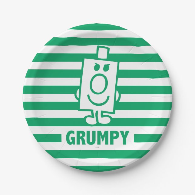 Mr Grumpy | Mischievous Grin and Green Stripes Paper Plate (Front)