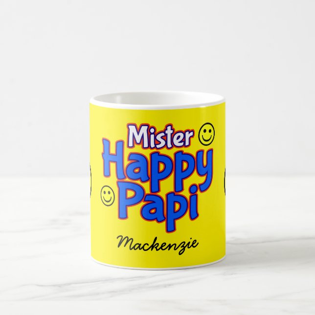 Mr Happy Papi with Smile Emojis and Name on YELLOW Coffee Mug (Center)