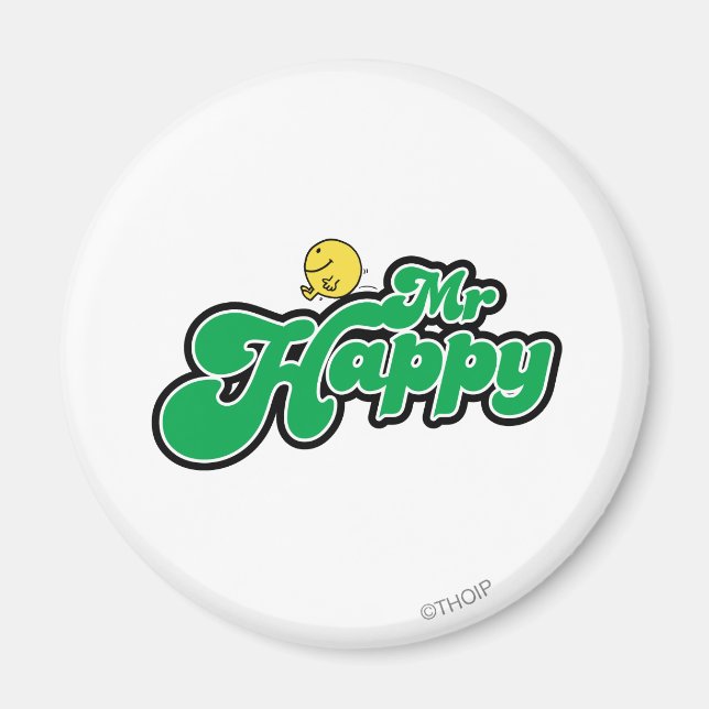 Mr. Happy Sliding Down Green Lettering Magnet (Front)