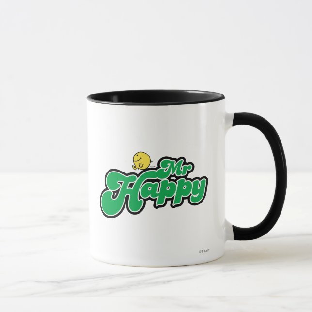Mr. Happy Sliding Down Green Lettering Mug (Right)