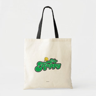 Mr. Happy Sliding Down Green Lettering Tote Bag