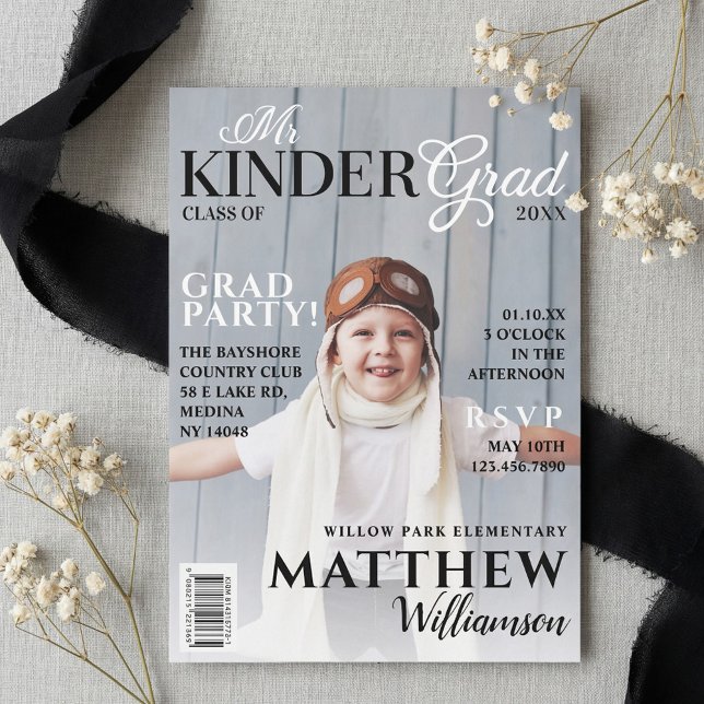 Mr Kinder Grad Black Photo Magazine Cover Invitation (Mr. Kinder Fun Graduation Photo Magazine Cover Invitation)
