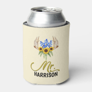 Mr Last Name Rustic Floral Antlers Wedding Can Cooler