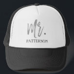 Mr. Last Name Silver Foil and White Trucker Hat<br><div class="desc">Mr. Last Name Silver Foil and White Trucker Hat for Him. The Mr. Last Name trucker hat as a matching mrs. hat in the same collection.</div>