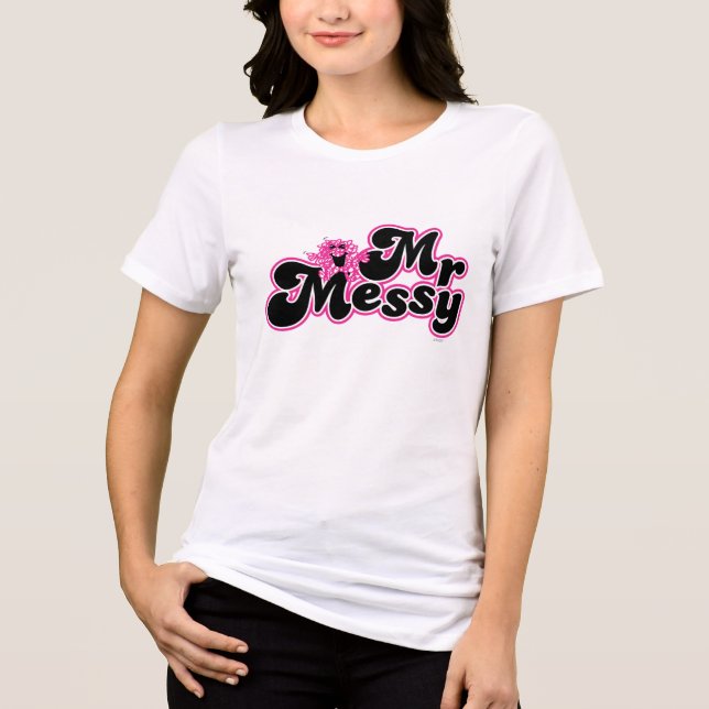 Mr. Messy | Large Black & Pink Letters Tri-Blend Shirt (Front)