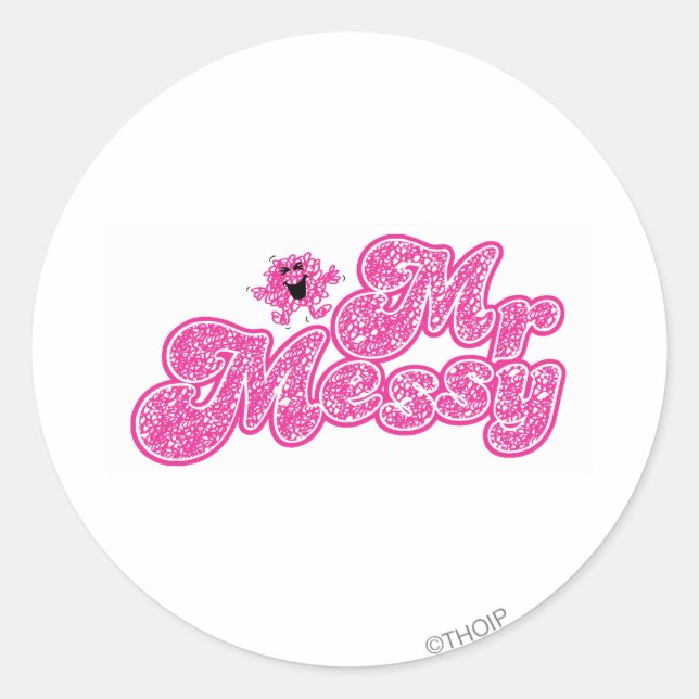 Mr. Messy | Sparkling Pink Name Classic Round Sticker (Front)