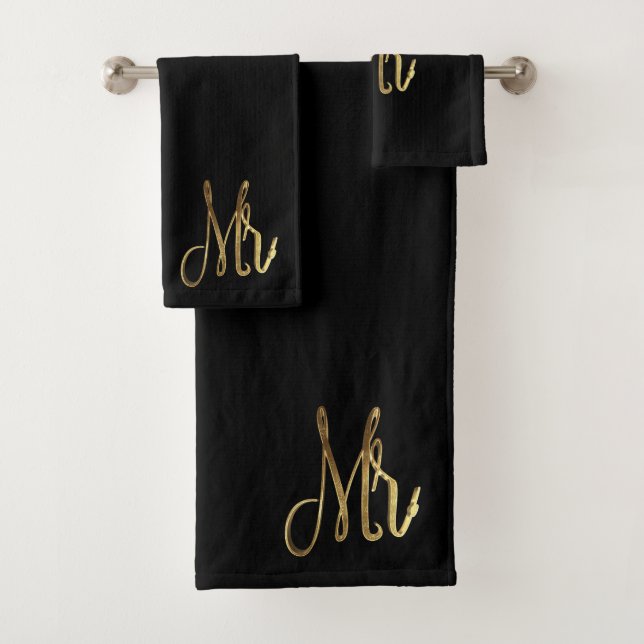 Mr. Mister Black and Gold Look Elegant Typography Bath Towel Set (Insitu)