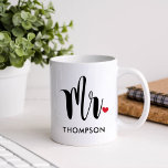 Mr Modern Black Script Personalised Wedding Coffee Mug<br><div class="desc">Custom coffee mug features Mr in modern black script with cute red heart accent and your married last name. Perfect gift for a groom-to-be,  for a newlywed couple,  or to give your sweetie on Valentine's Day! Visit our store or collection below for the Mrs Mug that coordinates.</div>