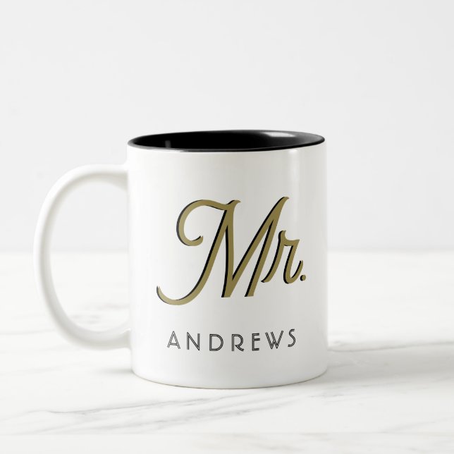 Mr Modern Black Script Personalised Wedding  Two-Tone Coffee Mug (Left)