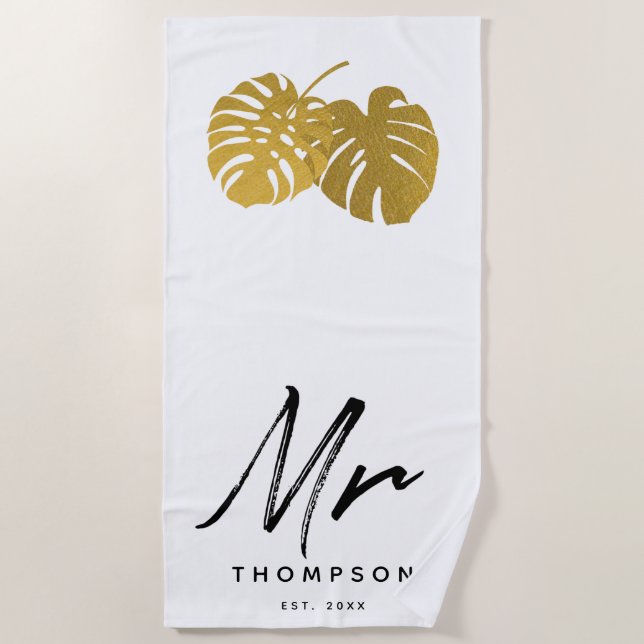 Mr. Modern Gold Monstera Tropical Leaves Script Be Beach Towel (Front)