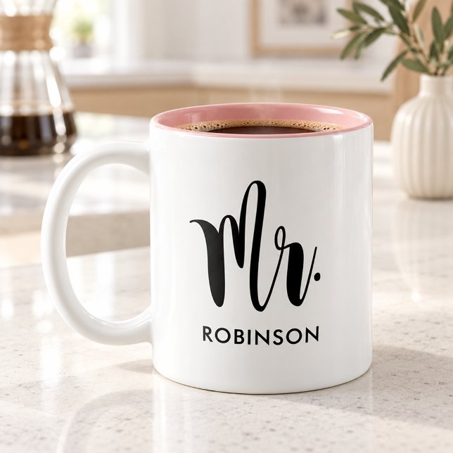 Mr. Modern Script Monogram Wedding Two-Tone Coffee Mug (Creator Uploaded)