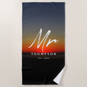 Mr. Modern Sunset in Water Minimalist Script  Beach Towel
