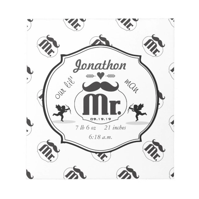 Mr. Moustache Lil Man Baby Boy Stats Notepad (Front)