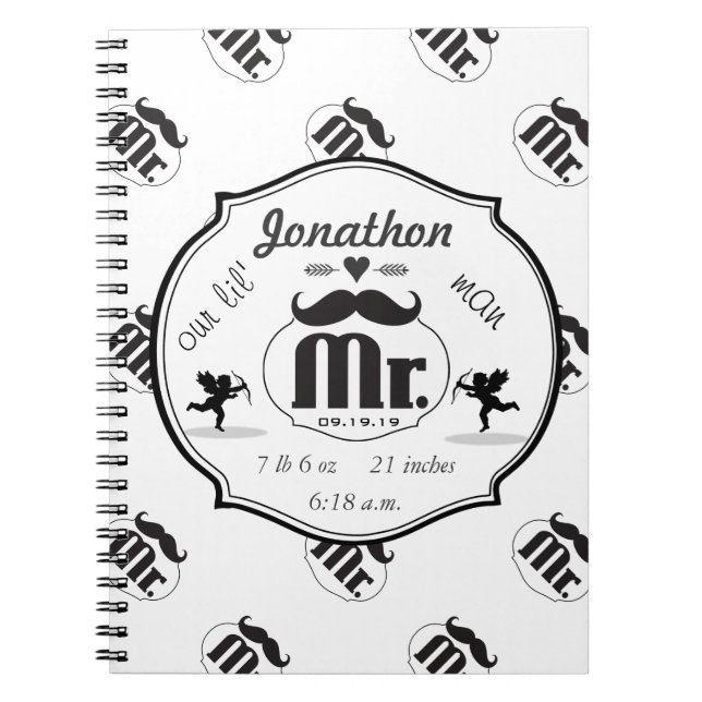 Mr. Moustache Lil Man Baby Boy Stats Spiral Notebook (Front)