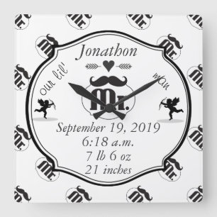 Mr. Moustache Lil Man Baby Boy Stats Square Wall Clock