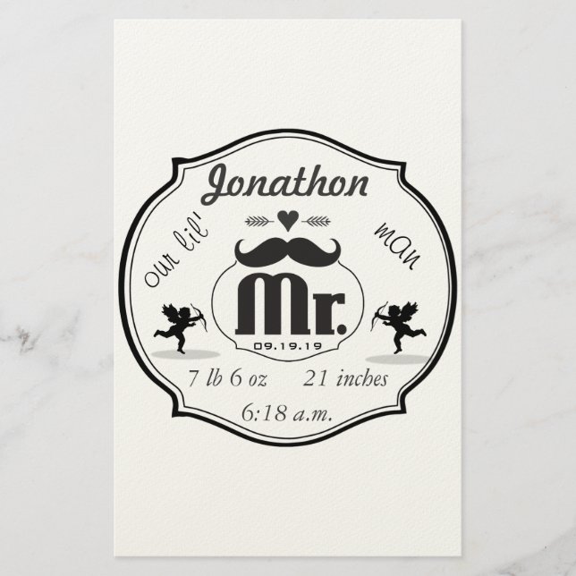 Mr. Moustache Lil Man Baby Boy Stats Stationery (Front)
