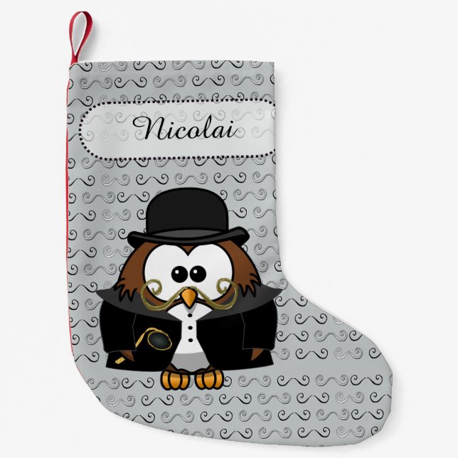 Mr. Moustache Owl Small Christmas Stocking (Front)