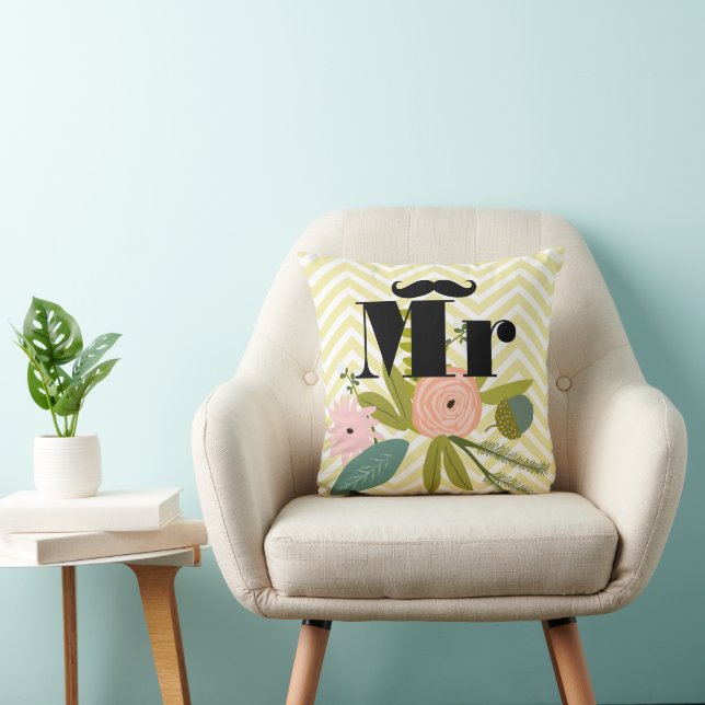 Mr Moustache Pale Yellow White Teal Zig Zag Cushion (Chair)
