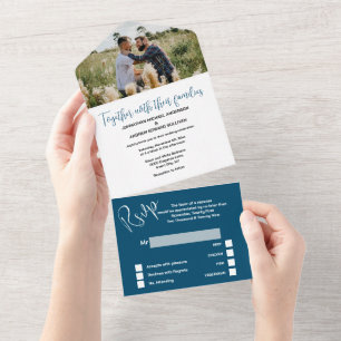 Mr & Mr blue white simple elegant PHOTO wedding All In One Invitation