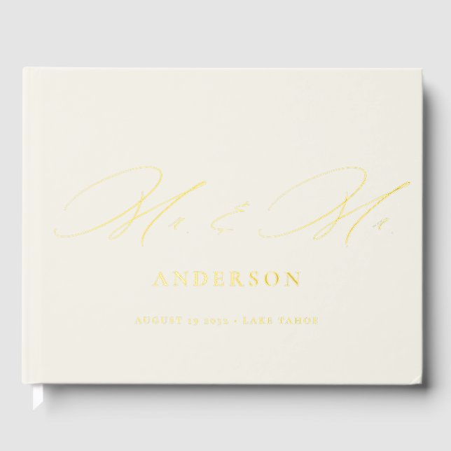 Mr & Mr Elegant Calligraphy Cream Foil Wedding  Guest Book (Front)