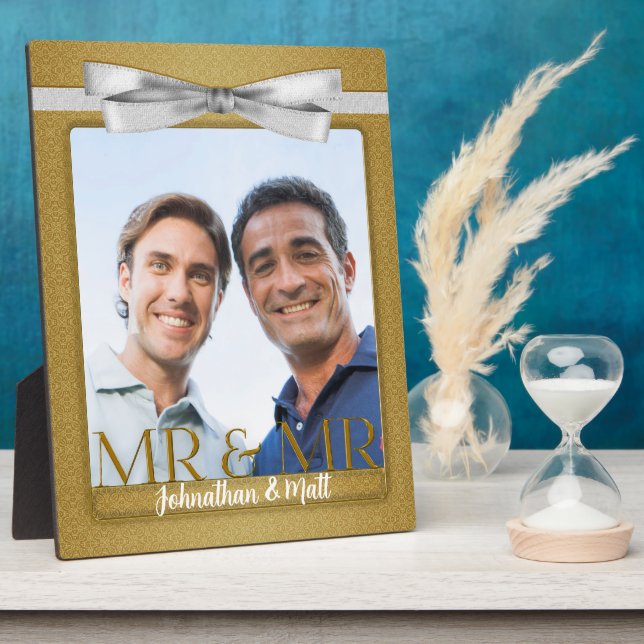 Mr & Mr Gay Wedding Gold Damask Photo Plaque (Side)