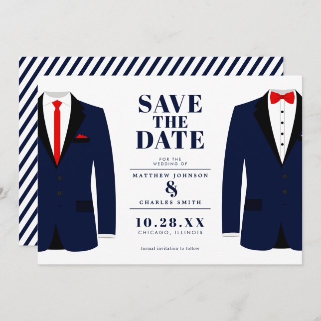 Mr. & Mr. Modern Wedding Navy Tux - Save the Date (Front/Back)