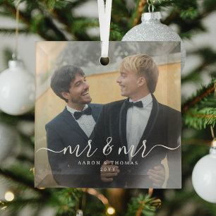 Mr & Mr Newlyweds Photo Christmas Script  Glass Tree Decoration