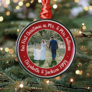 Mr & Mrs 1st Christmas Photo Script Red and White Metal Tree Decoration