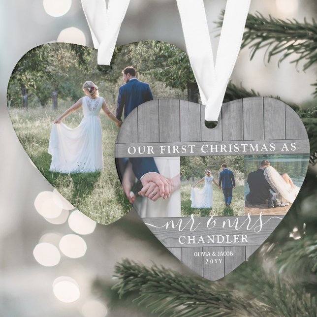 Mr & Mrs 4 Photo First Christmas Grey Faux Wood Ornament (Creator Uploaded)