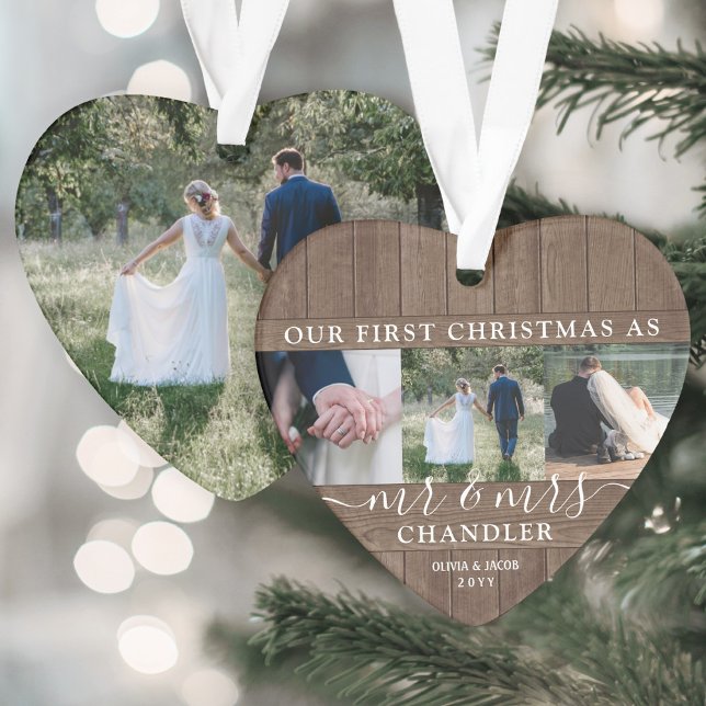 Mr & Mrs 4 Photo First Christmas Rustic Faux Wood Ornament (Creator Uploaded)