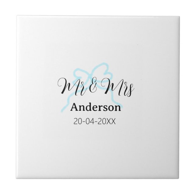Mr & Mrs add family name date year wedding bow Tile (Front)
