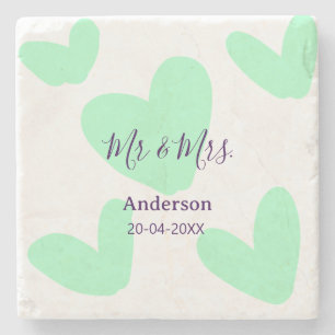 Mr & Mrs add family name date year wedding favor  Stone Coaster