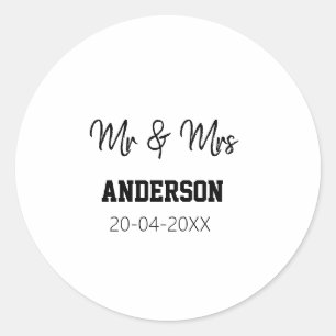 Mr & Mrs add family name date year wedding favour Classic Round Sticker