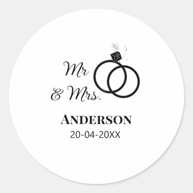 Mr & Mrs add family name date year wedding favour  Classic Round Sticker (Front)