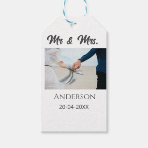 Mr & Mrs add family name date year wedding favour Gift Tags