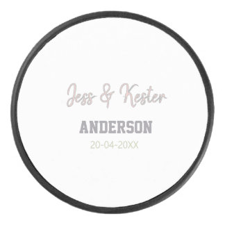 Mr & Mrs add family name date year wedding favour  Hockey Puck