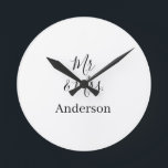 Mr & Mrs add family name date year wedding favour  Round Clock<br><div class="desc">design</div>