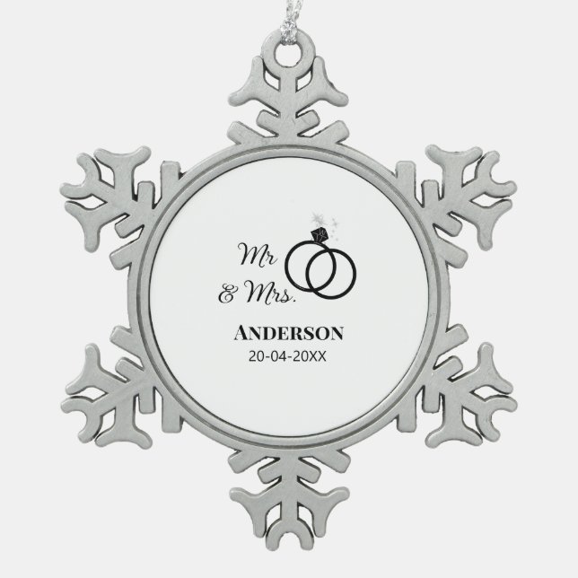 Mr & Mrs add family name date year wedding favour  Snowflake Pewter Christmas Ornament (Front)