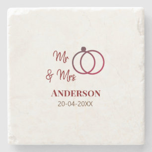 Mr & Mrs add family name date year wedding favour Stone Coaster