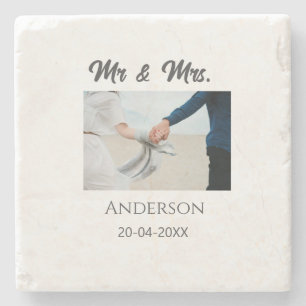 Mr & Mrs add family name date year wedding favour Stone Coaster