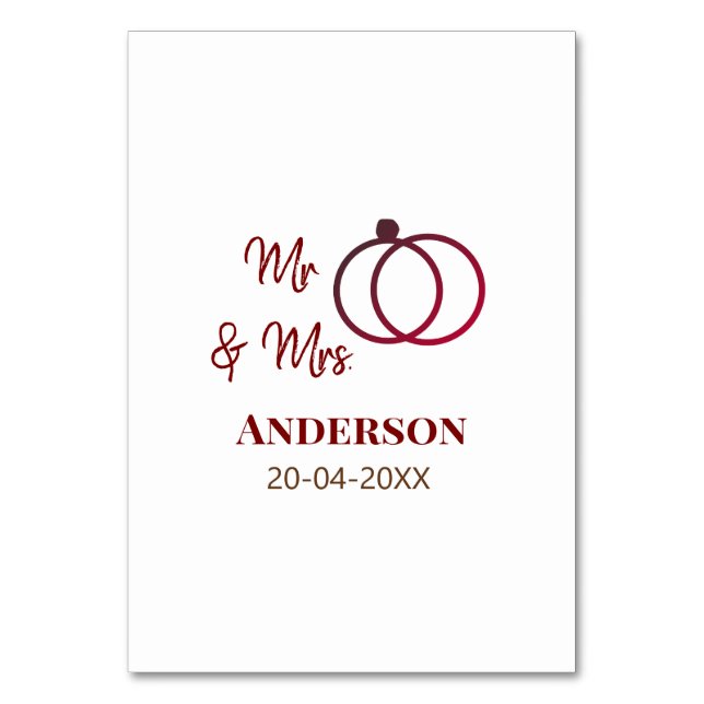 Mr & Mrs add family name date year wedding favour  Table Number (Front)