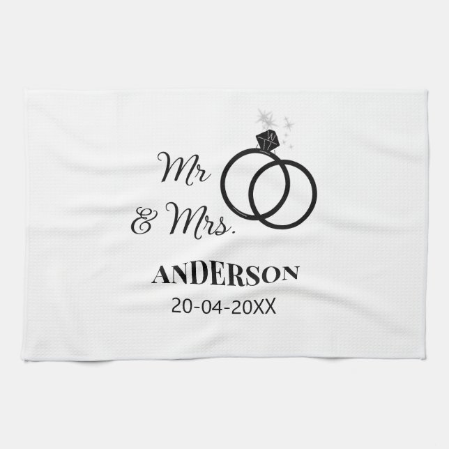 Mr & Mrs add family name date year wedding favour  Tea Towel (Horizontal)
