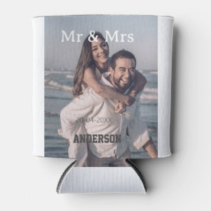 Mr & Mrs add family name photo date wedding family Can Cooler